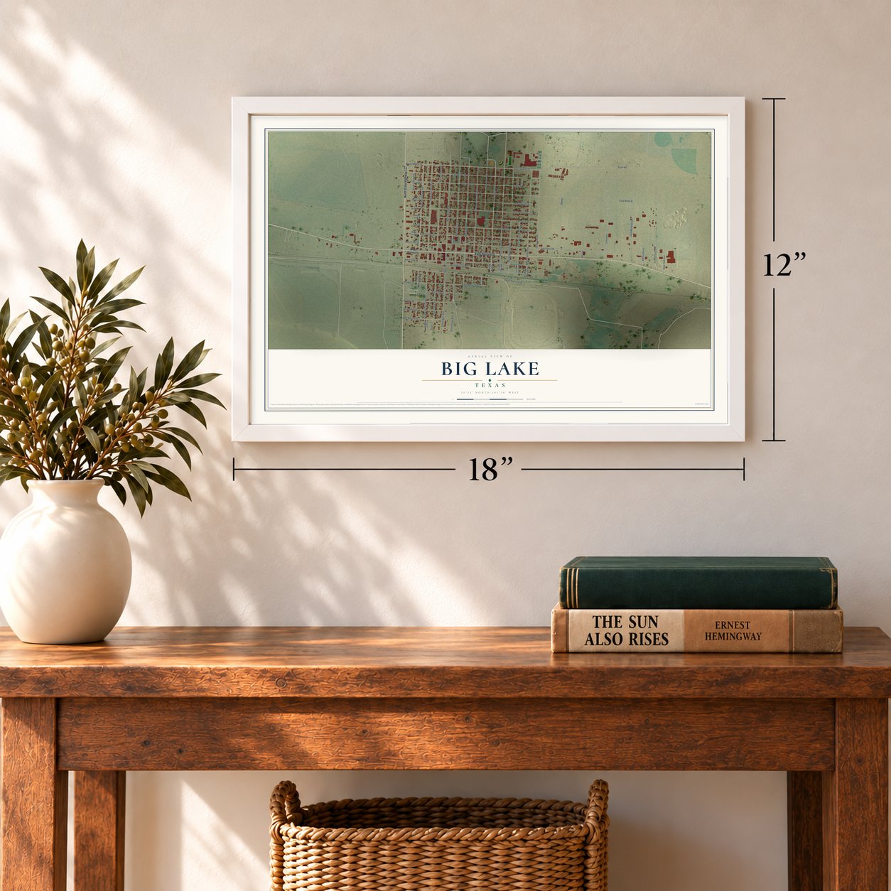 Big Lake, Texas map, 12 x 18 inch print in a white frame in an entryway