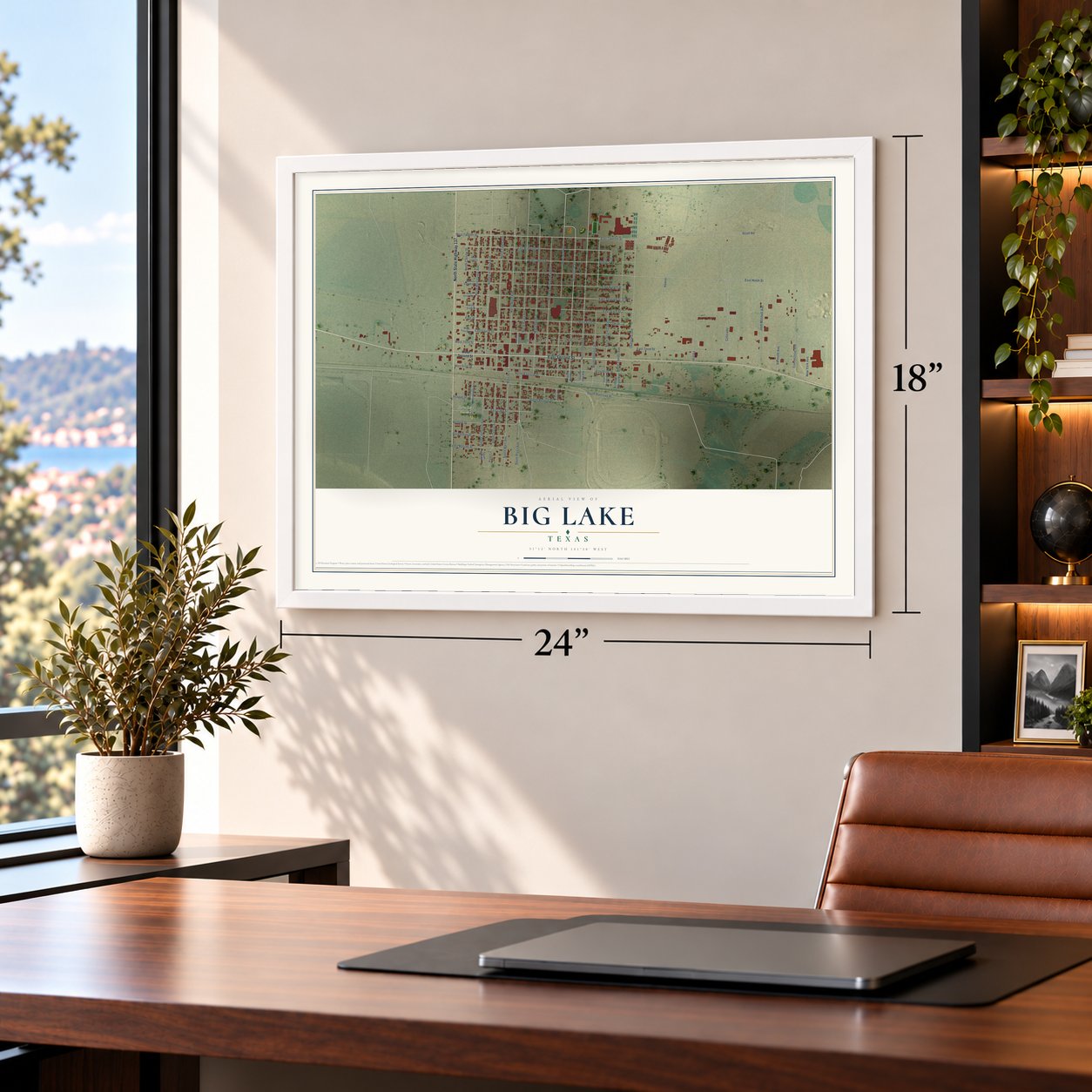 Big Lake, Texas map, 18 x 24 inch print in a white frame in a home office