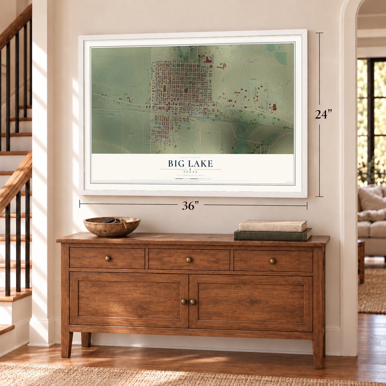 Big Lake, Texas map, 24 x 36 inch print in a white frame above a dresser by a staircase
