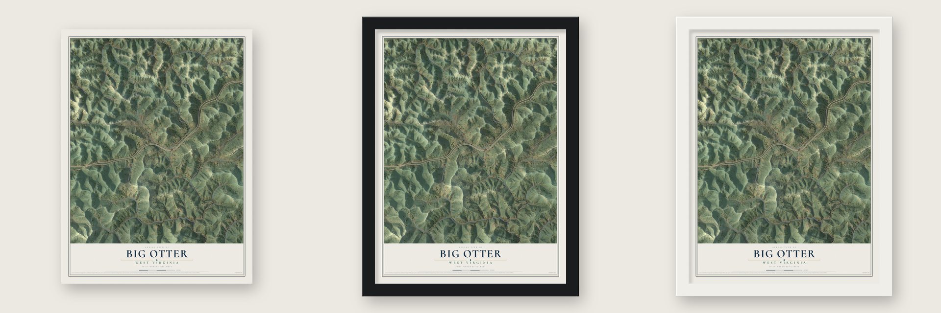 Big Otter, West Virginia map unframed, in a black wood frame and in a white wood frame