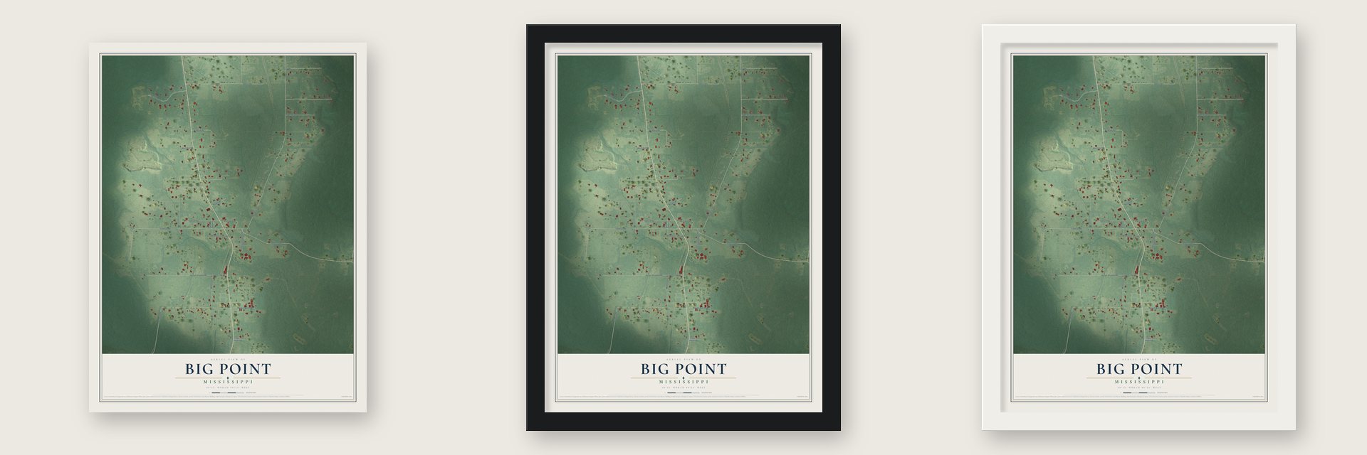 Big Point, Mississippi map unframed, in a black wood frame and in a white wood frame