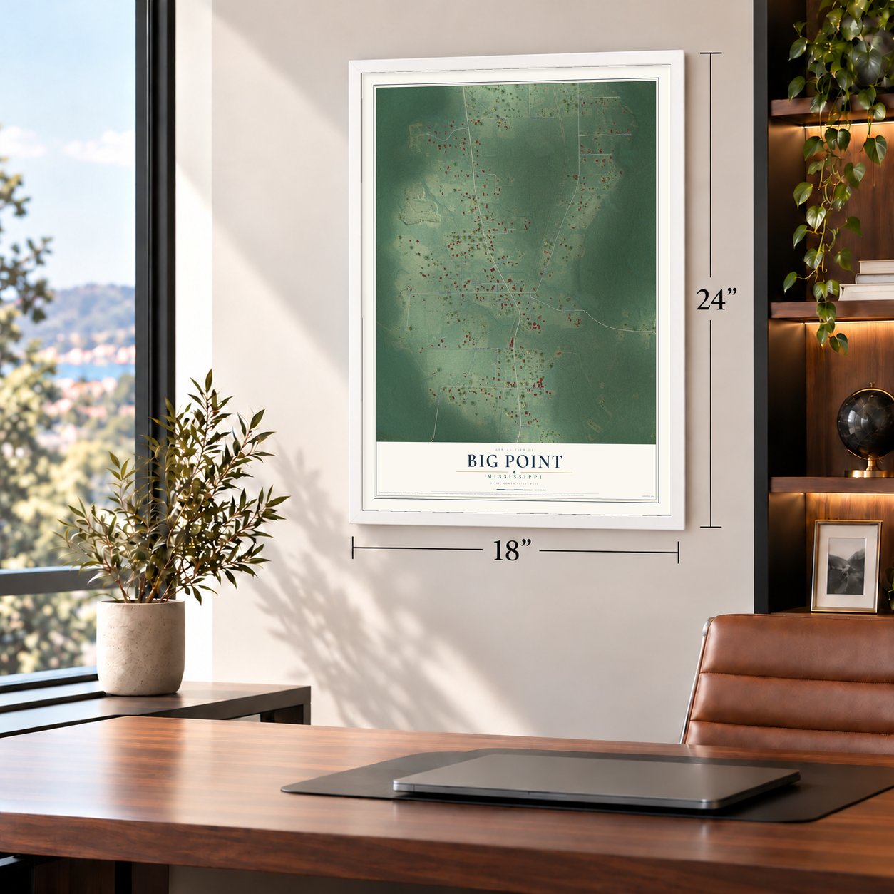 Big Point, Mississippi map, 18 x 24 inch print in a white frame in a home office