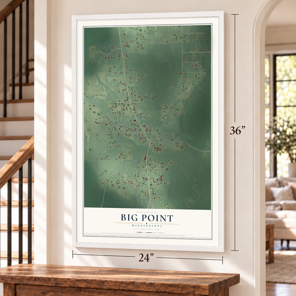 Big Point, Mississippi map, 24 x 36 inch print in a white frame by a staircase