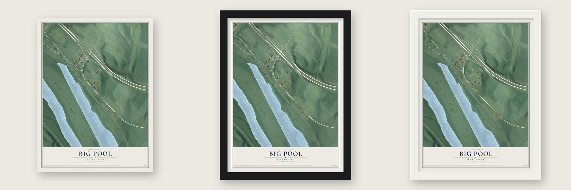 Big Pool, Maryland map unframed, in a black wood frame and in a white wood frame