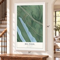 Big Pool, Maryland map, 24 x 36 inch print in a white frame by a staircase