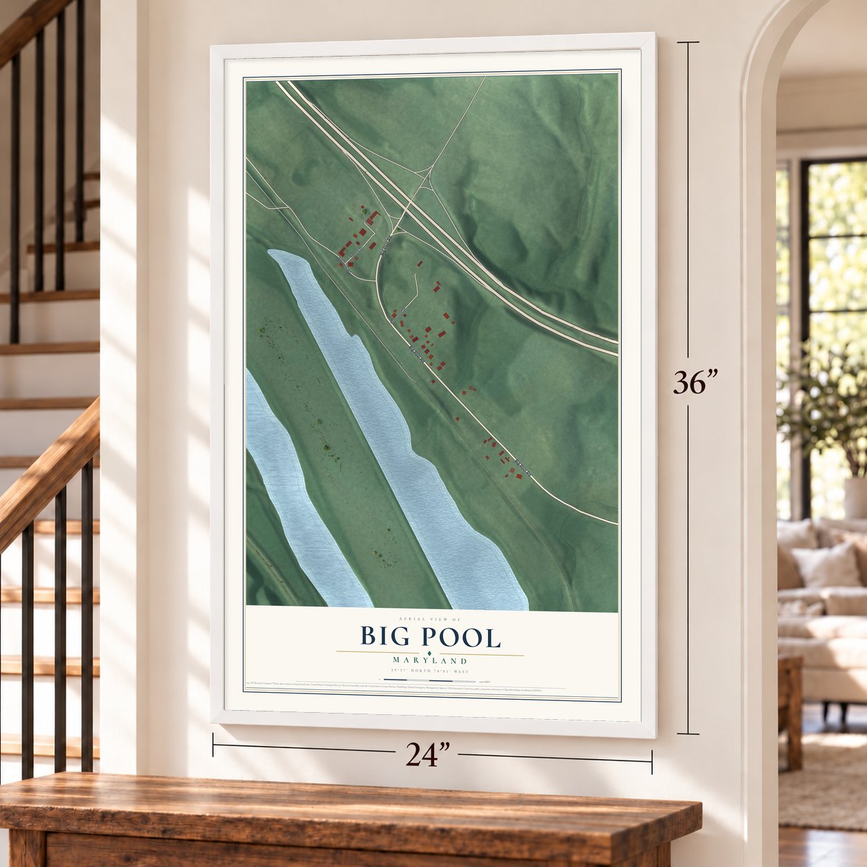 Big Pool, Maryland map, 24 x 36 inch print in a white frame by a staircase