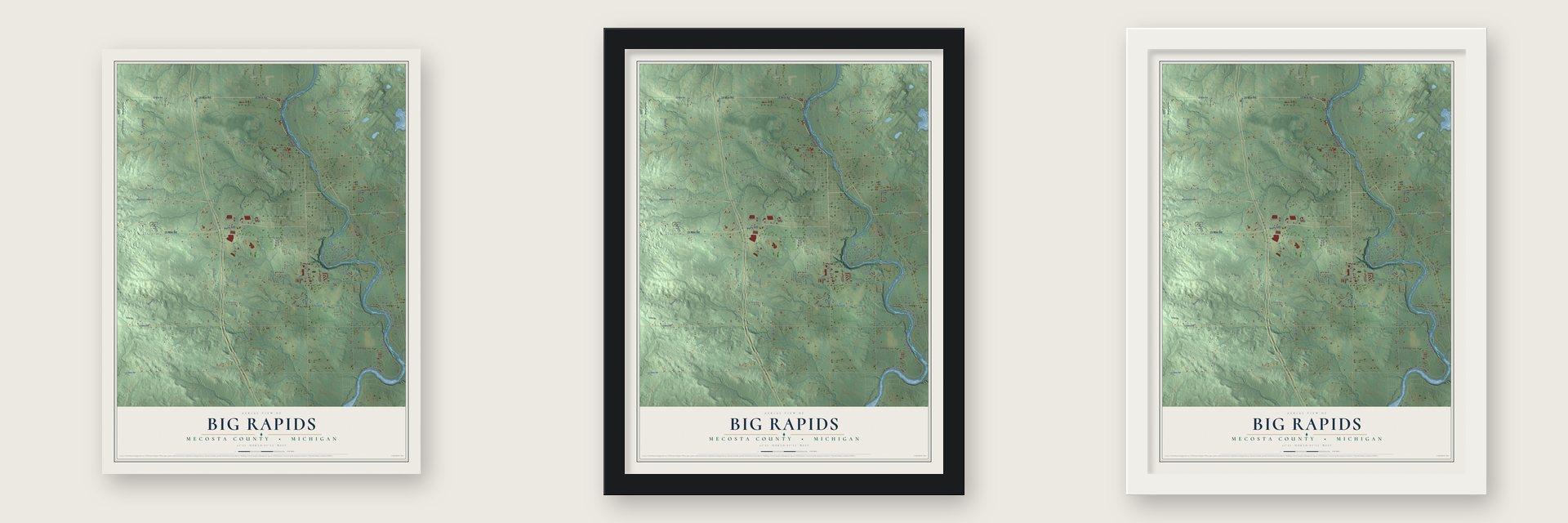 Big Rapids, Mecosta County, Michigan map unframed, in a black wood frame and in a white wood frame