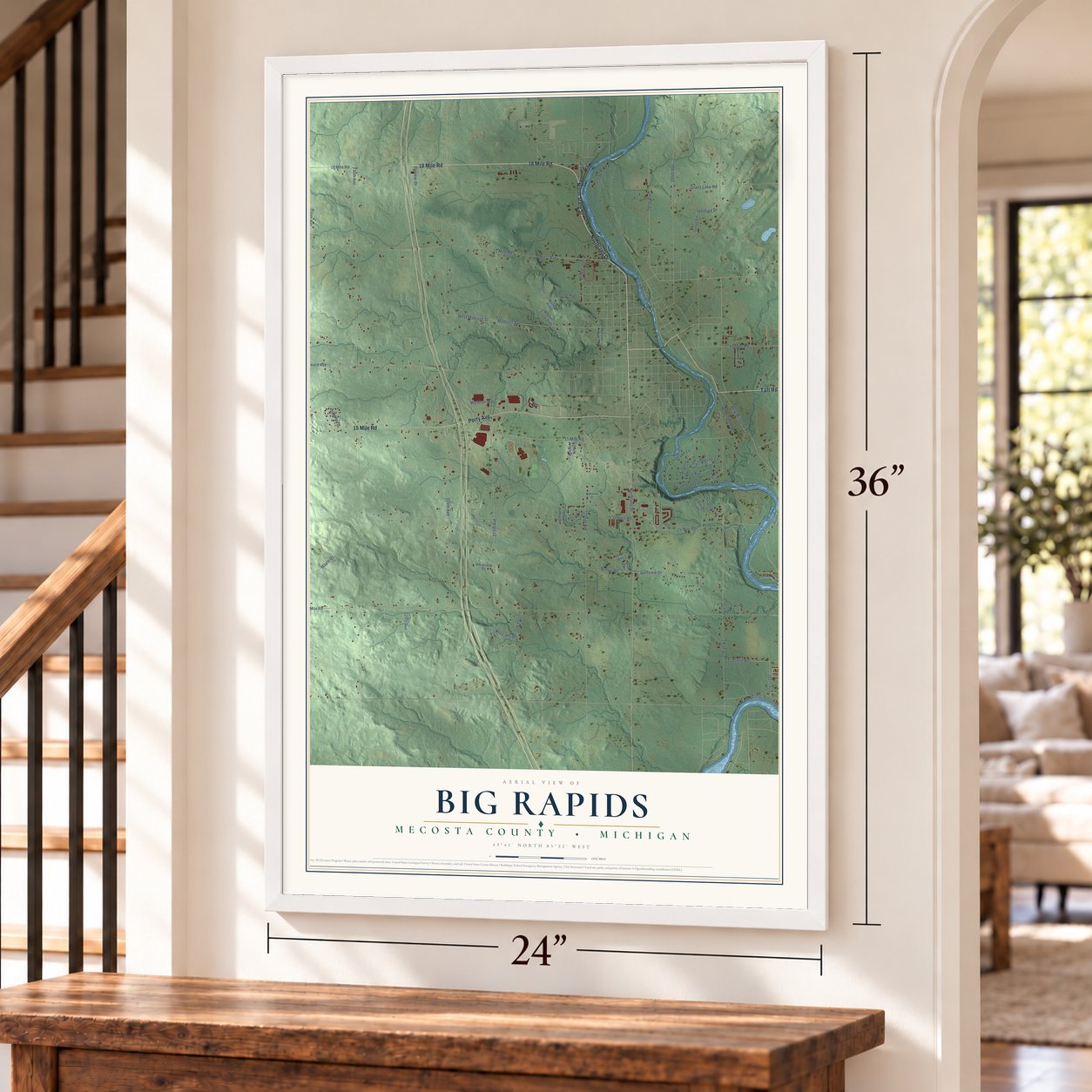 Big Rapids, Mecosta County, Michigan map, 24 x 36 inch print in a white frame by a staircase
