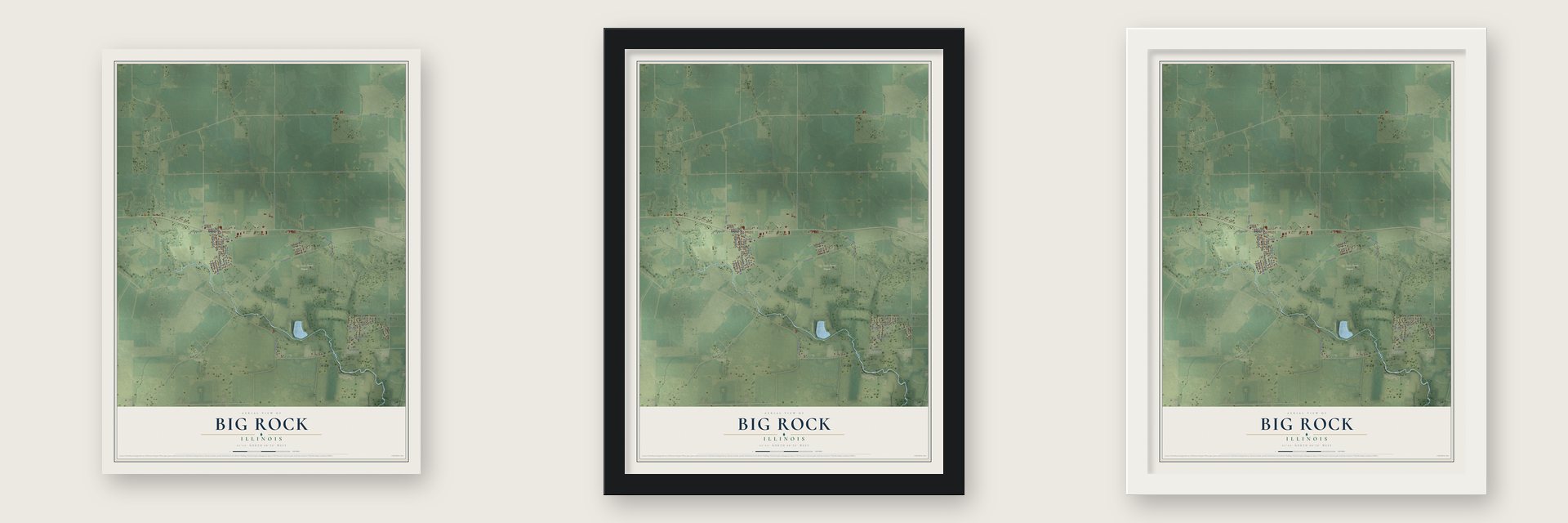 Big Rock, Illinois map unframed, in a black wood frame and in a white wood frame
