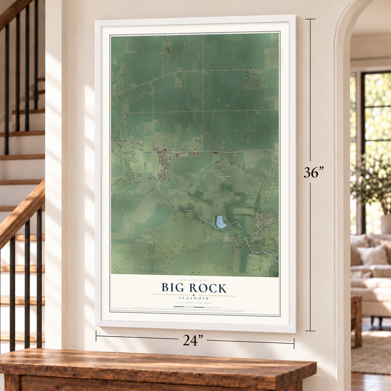 Big Rock, Illinois map, 24 x 36 inch print in a white frame by a staircase