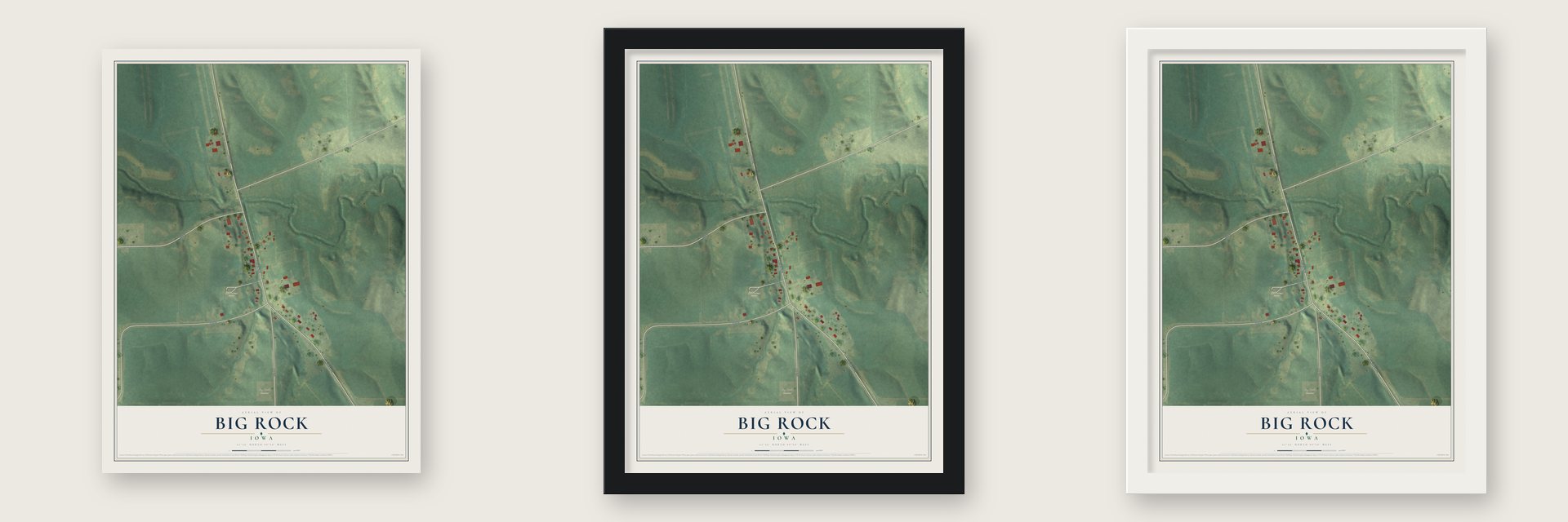 Big Rock, Iowa map unframed, in a black wood frame and in a white wood frame