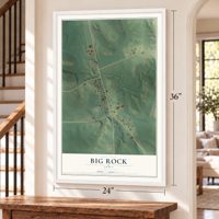 Big Rock, Iowa map, 24 x 36 inch print in a white frame by a staircase