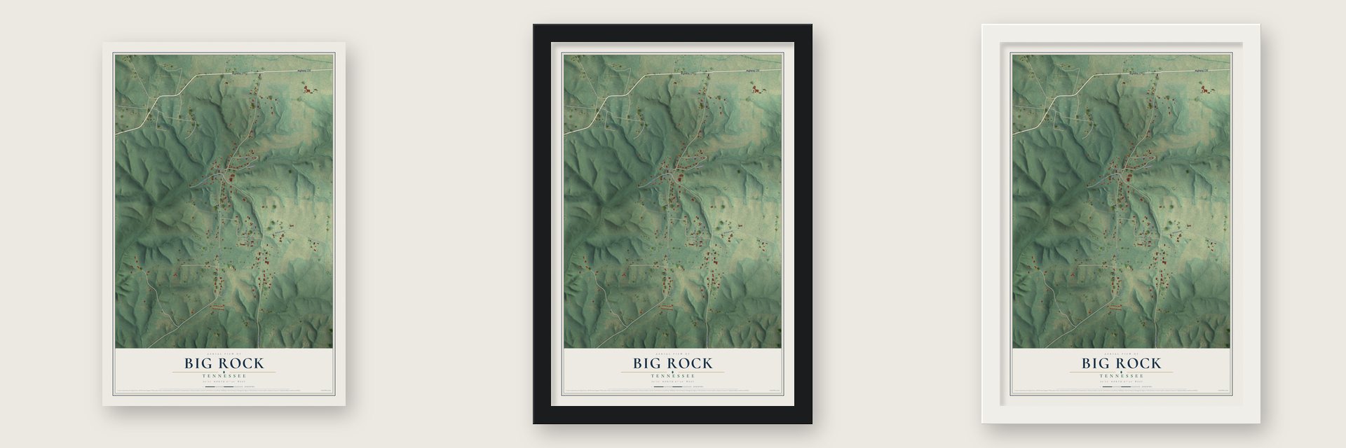 Big Rock, Tennessee map unframed, in a black wood frame and in a white wood frame