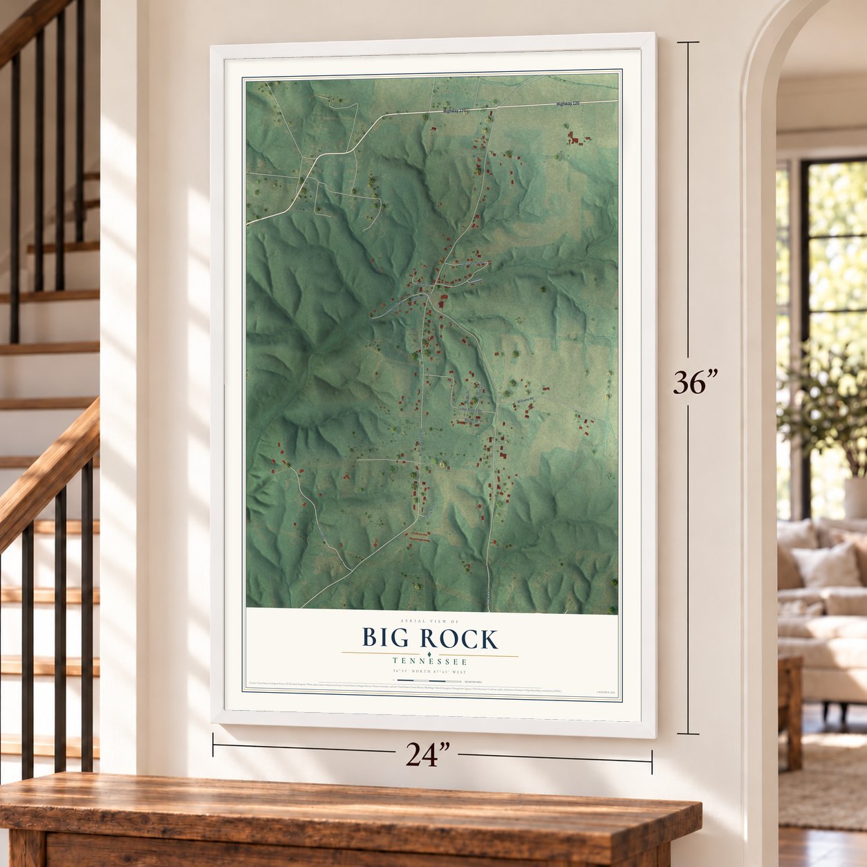 Big Rock, Tennessee map, 24 x 36 inch print in a white frame by a staircase