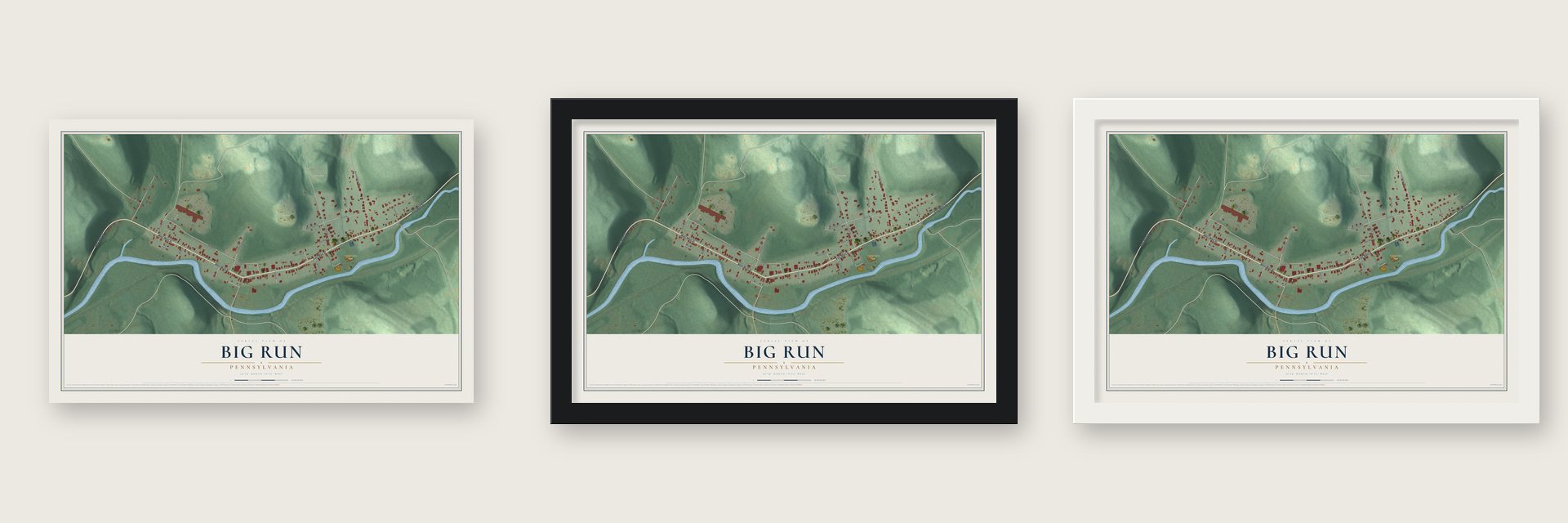 Big Run, Pennsylvania map unframed, in a black wood frame and in a white wood frame