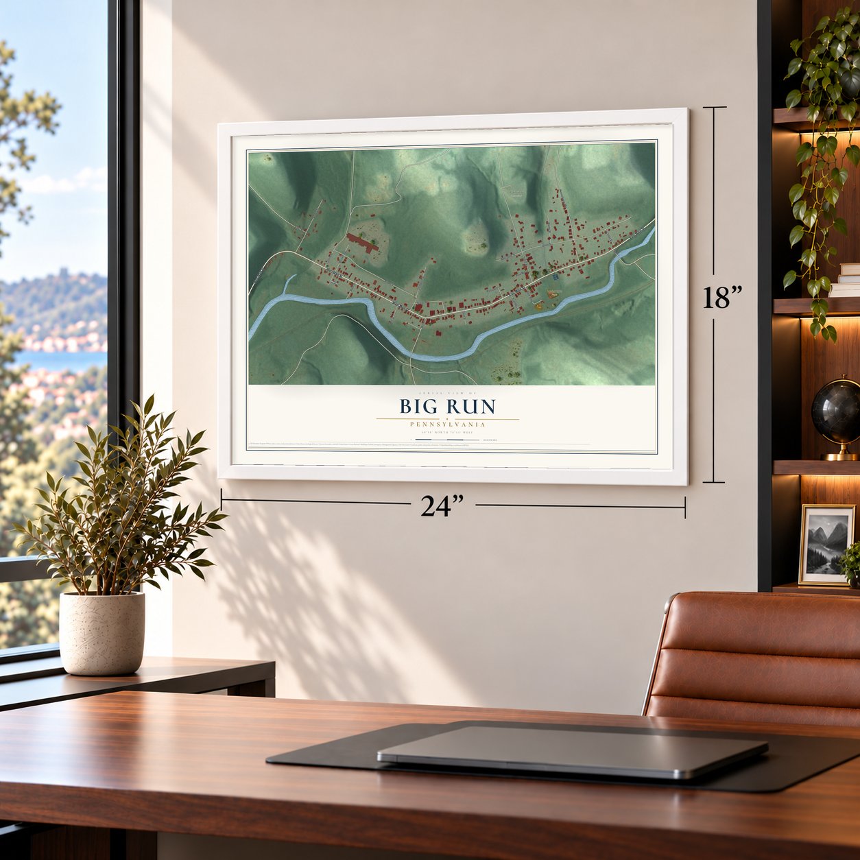 Big Run, Pennsylvania map, 18 x 24 inch print in a white frame in a home office