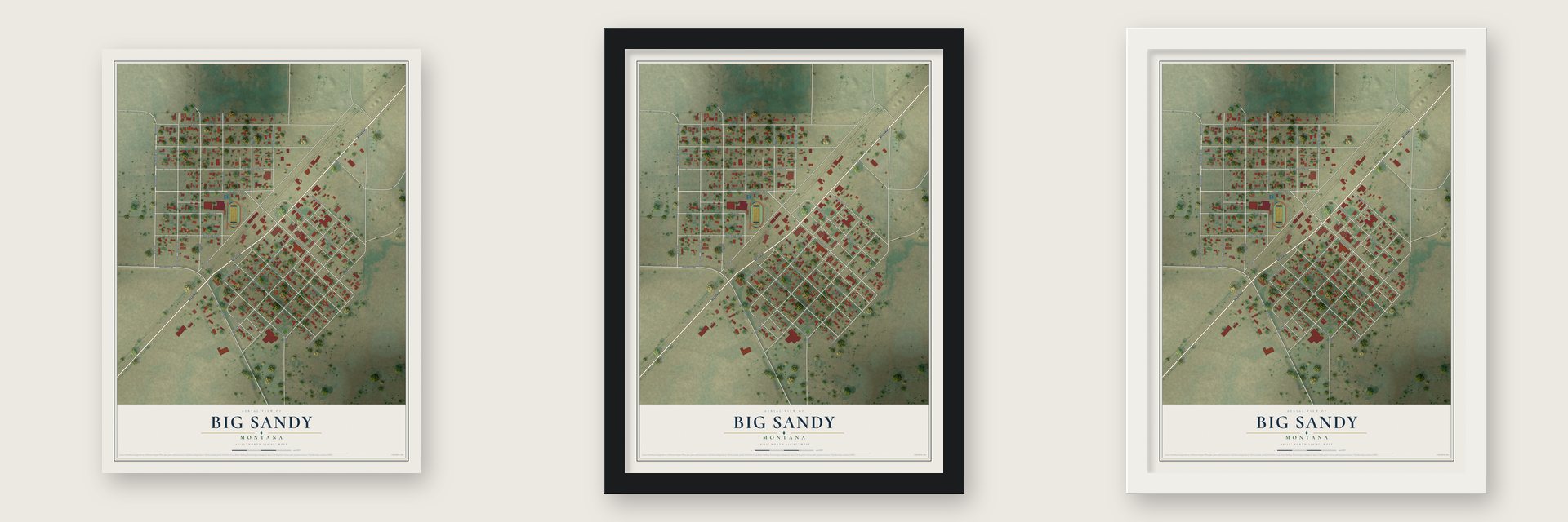 Big Sandy, Montana map unframed, in a black wood frame and in a white wood frame