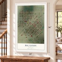 Big Sandy, Montana map, 24 x 36 inch print in a white frame by a staircase