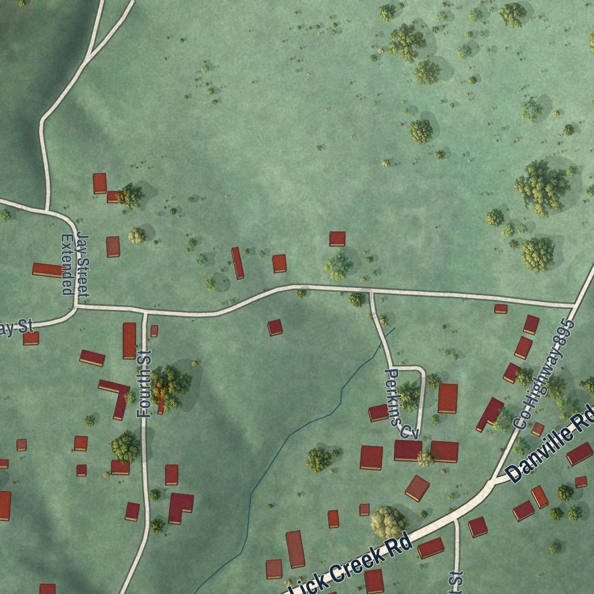 Second close-up of the map of Big Sandy, Tennessee print showing more streets and buildings