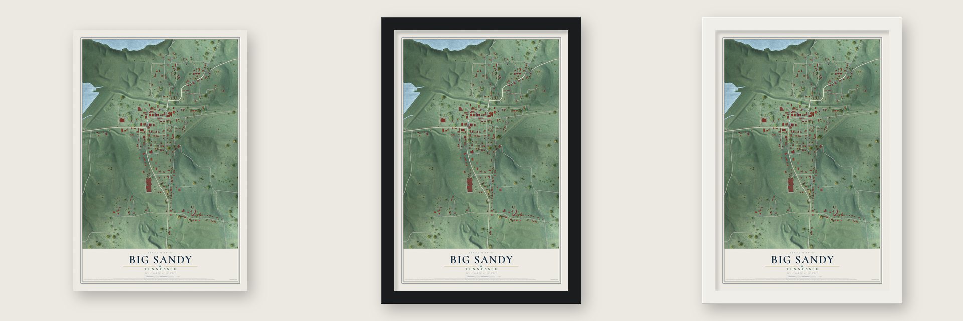 Big Sandy, Tennessee map unframed, in a black wood frame and in a white wood frame