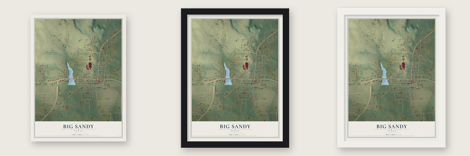 Big Sandy, Texas map unframed, in a black wood frame and in a white wood frame