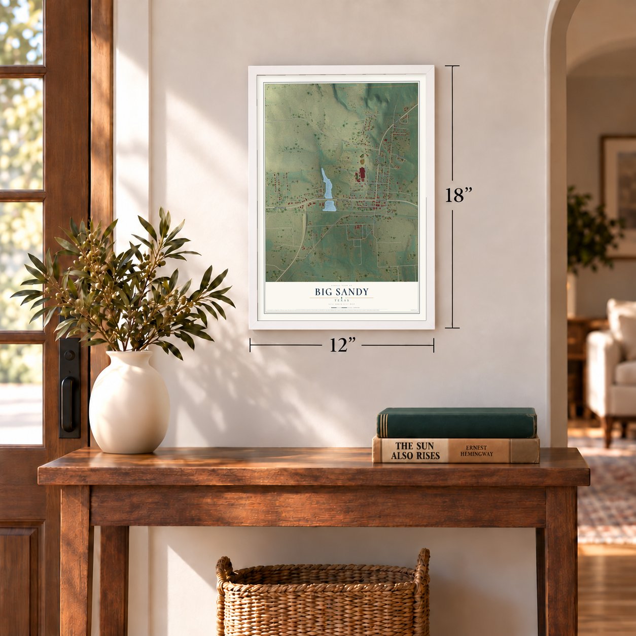 Big Sandy, Texas map, 12 x 18 inch print in a white frame in an entryway