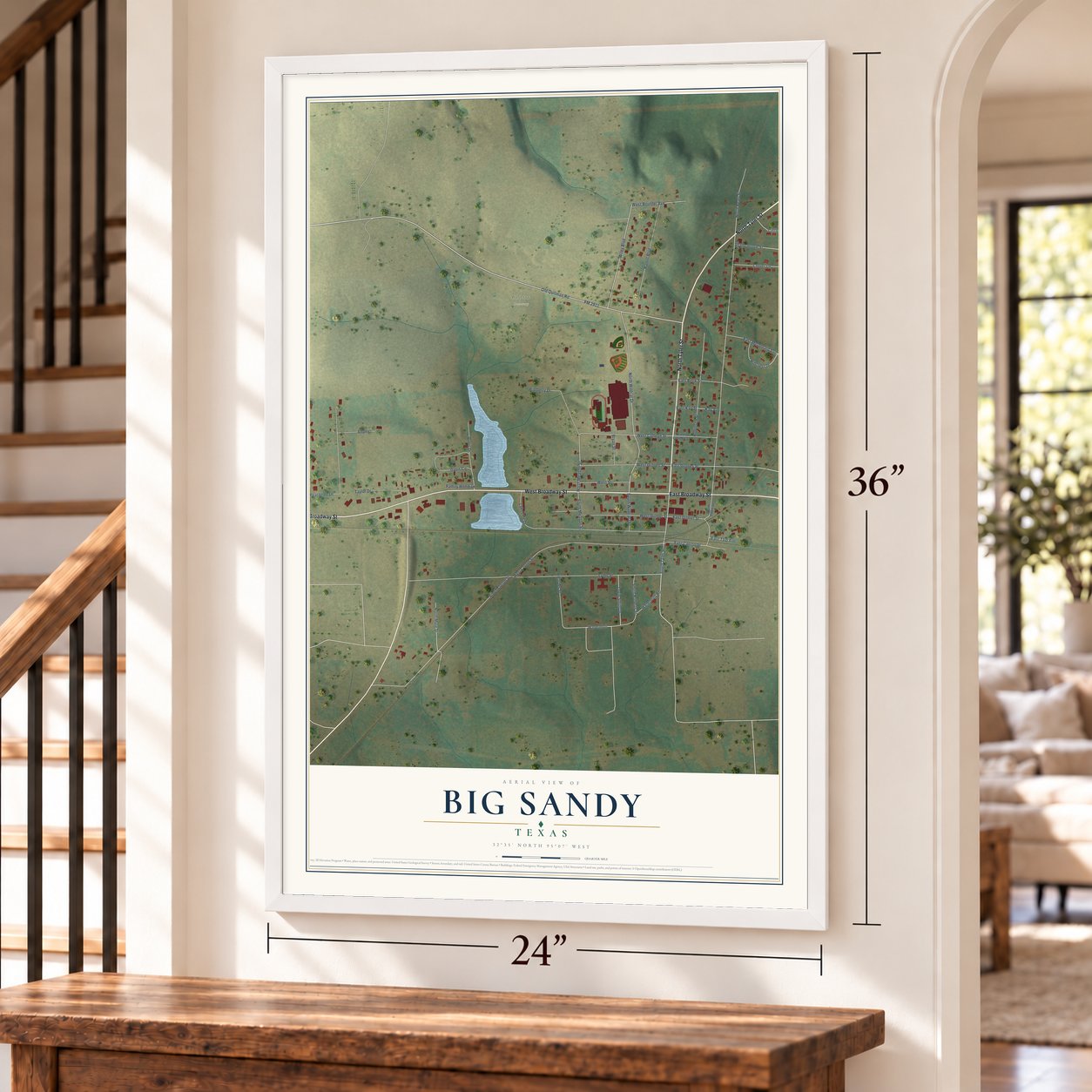 Big Sandy, Texas map, 24 x 36 inch print in a white frame by a staircase