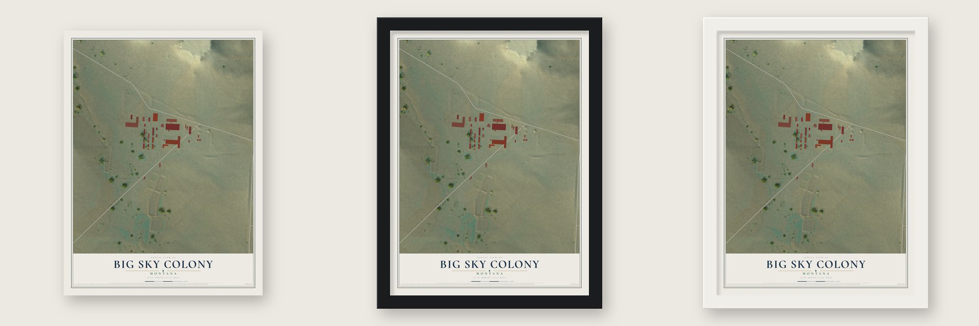 Big Sky Colony, Montana map unframed, in a black wood frame and in a white wood frame