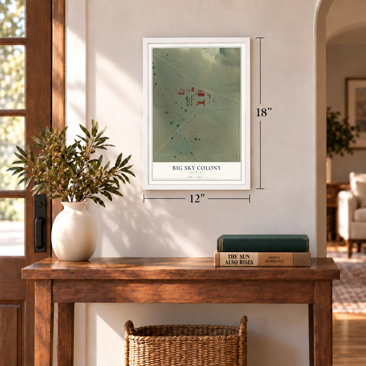 Big Sky Colony, Montana map, 12 x 18 inch print in a white frame in an entryway
