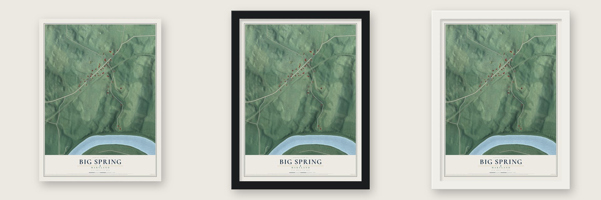 Big Spring, Maryland map unframed, in a black wood frame and in a white wood frame