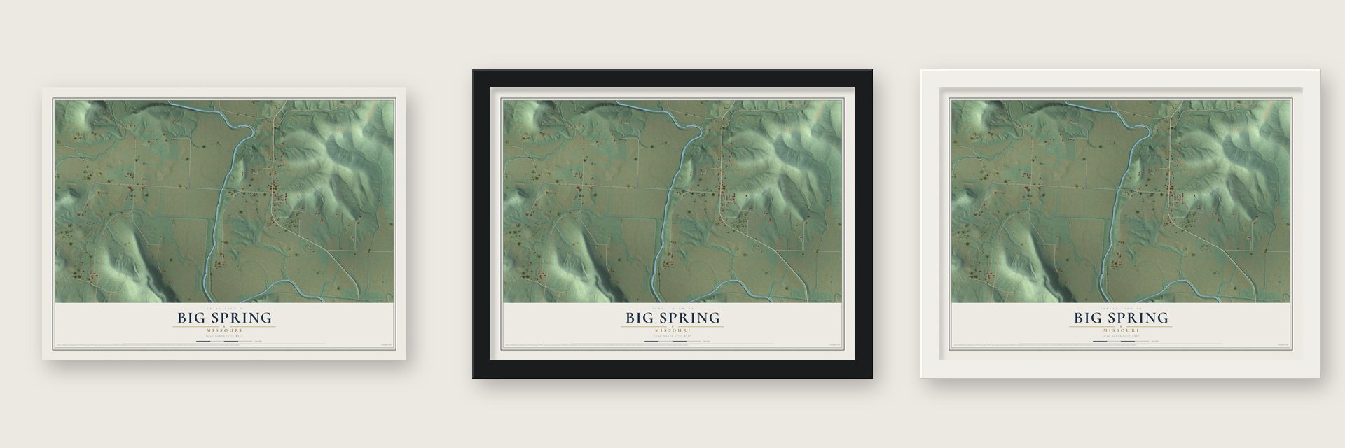 Big Spring, Missouri map unframed, in a black wood frame and in a white wood frame