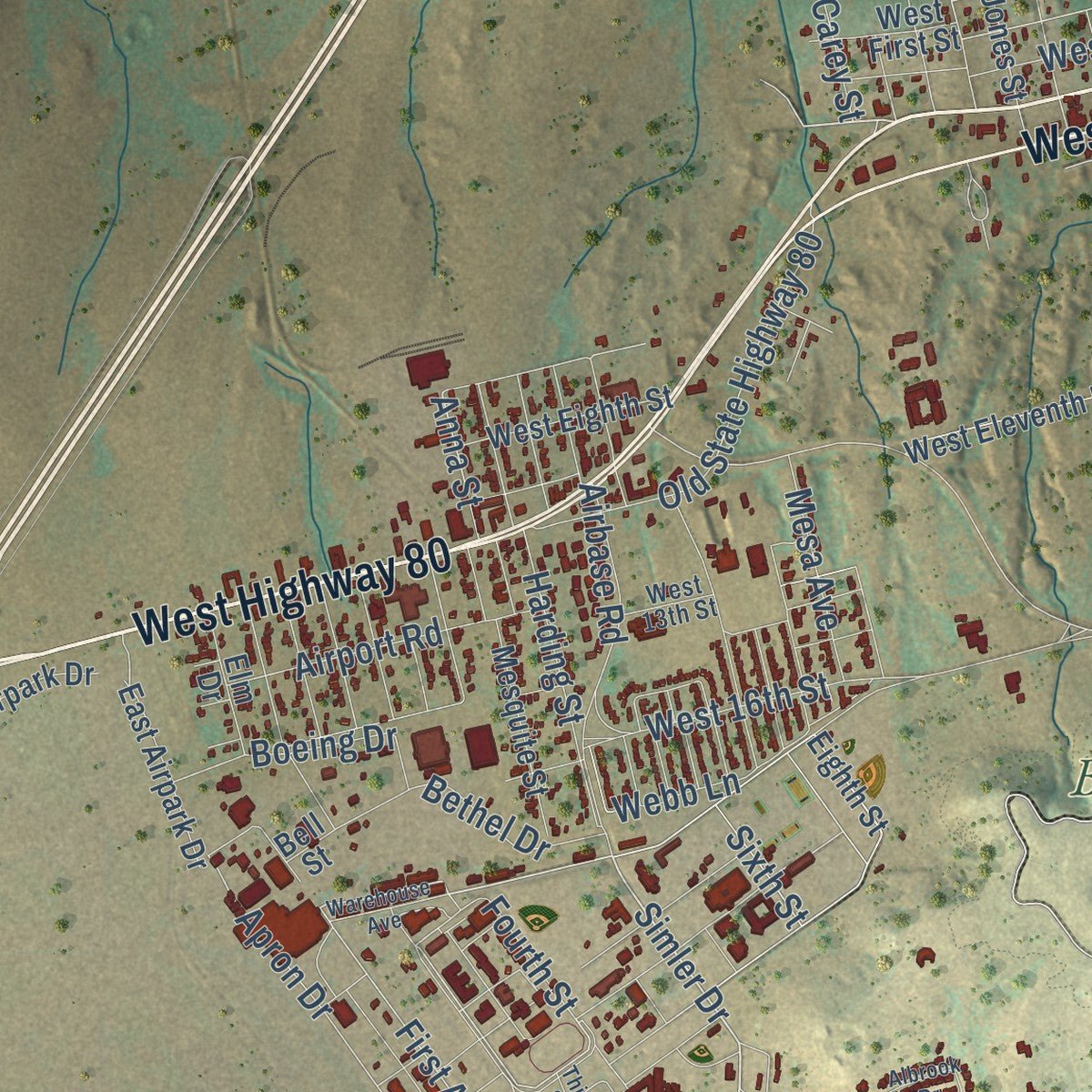 Second close-up of the map of Big Spring, Texas print showing more streets and buildings