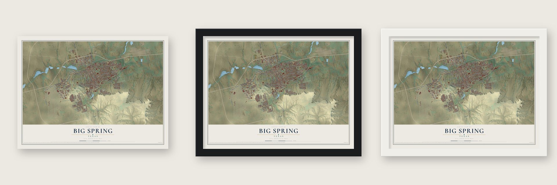 Big Spring, Texas map unframed, in a black wood frame and in a white wood frame