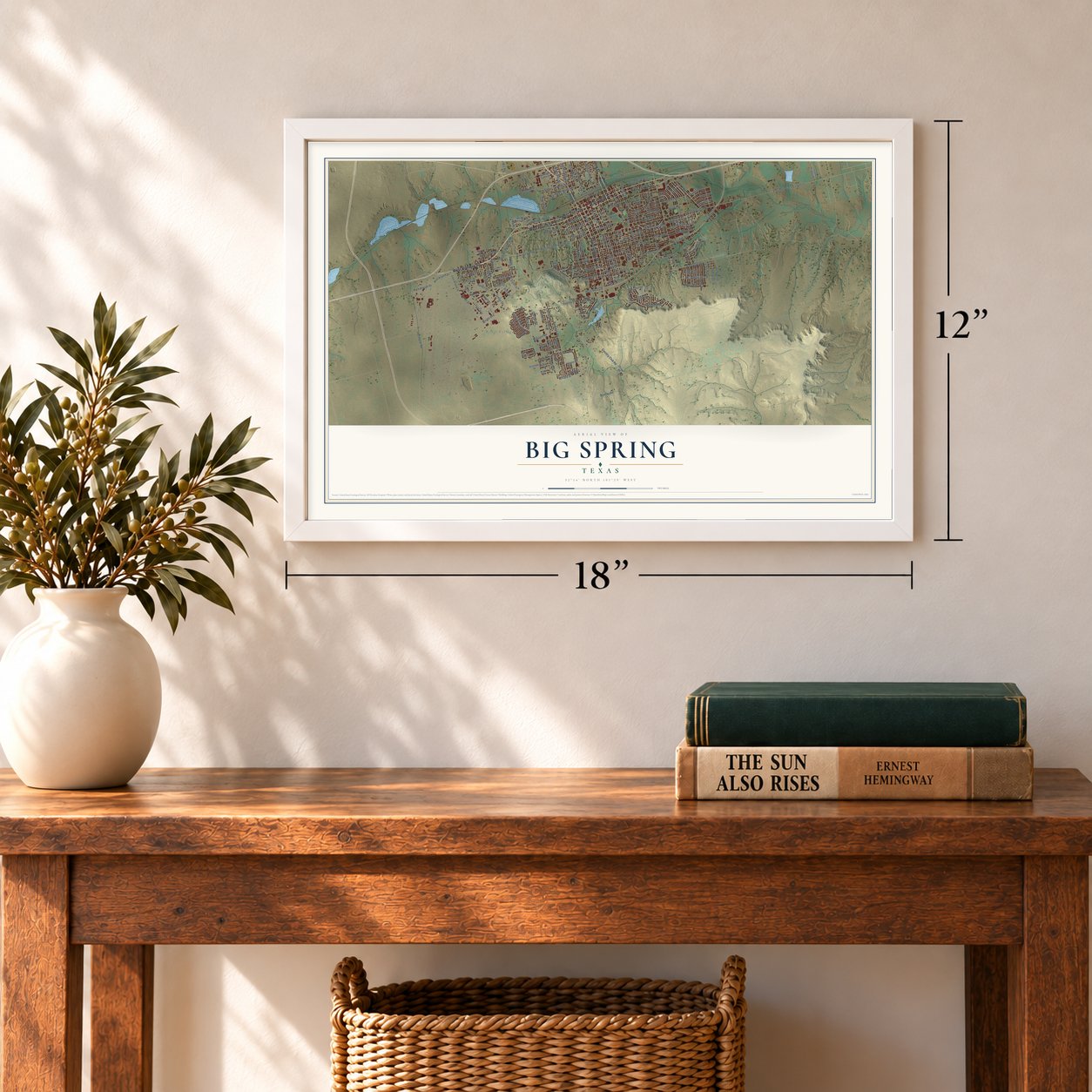 Big Spring, Texas map, 12 x 18 inch print in a white frame in an entryway