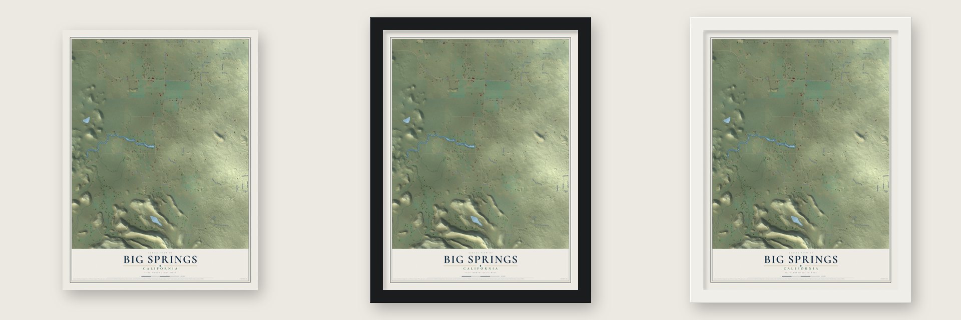 Big Springs, California map unframed, in a black wood frame and in a white wood frame