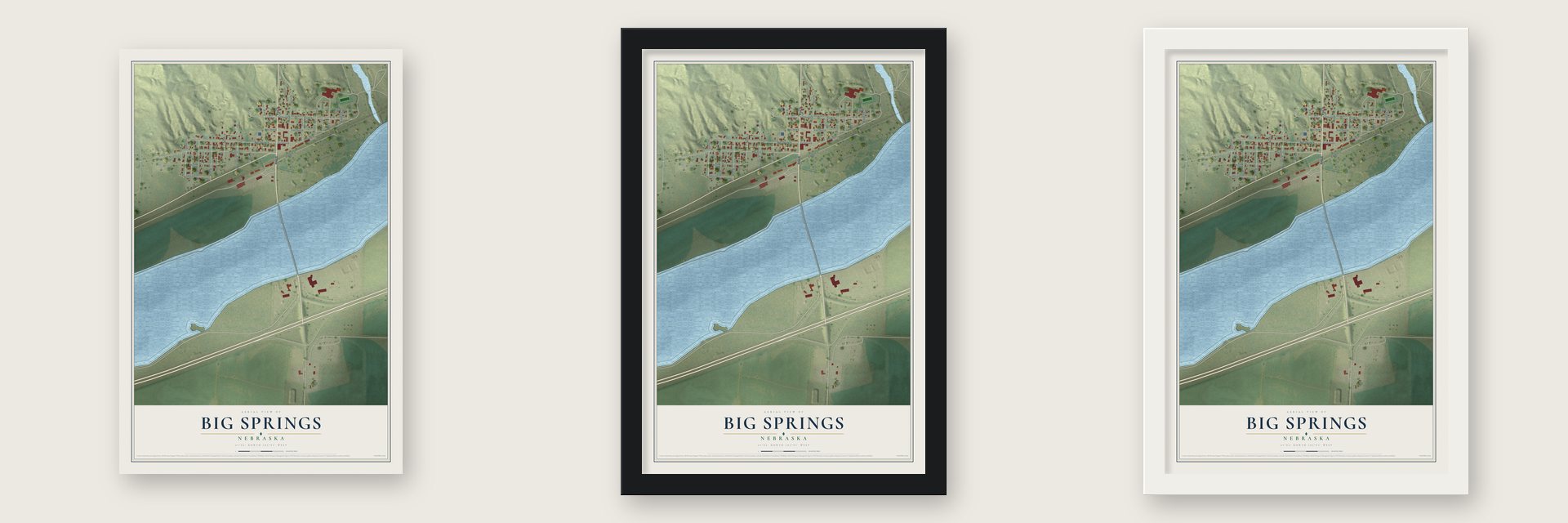 Big Springs, Nebraska map unframed, in a black wood frame and in a white wood frame