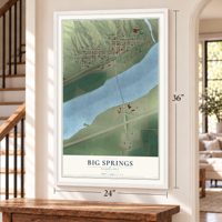 Big Springs, Nebraska map, 24 x 36 inch print in a white frame by a staircase