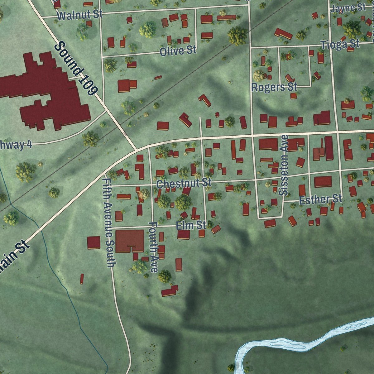 Second close-up of the map of Big Stone City, South Dakota print showing more streets and buildings