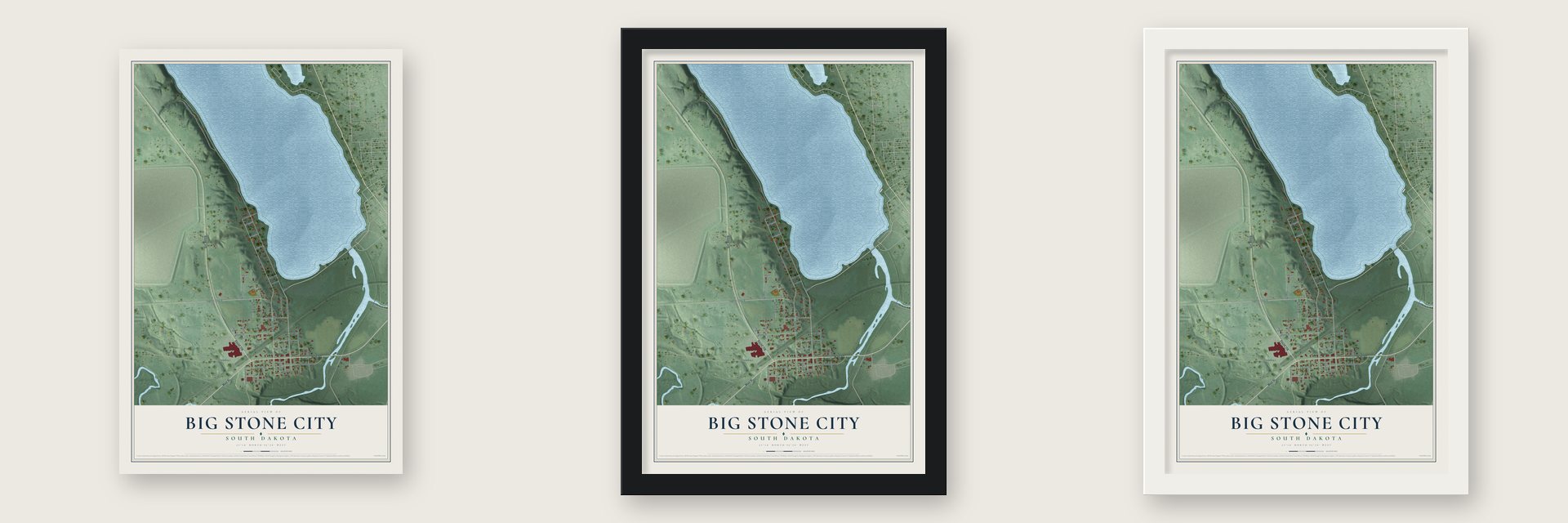 Big Stone City, South Dakota map unframed, in a black wood frame and in a white wood frame