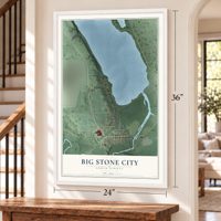 Big Stone City, South Dakota map, 24 x 36 inch print in a white frame by a staircase