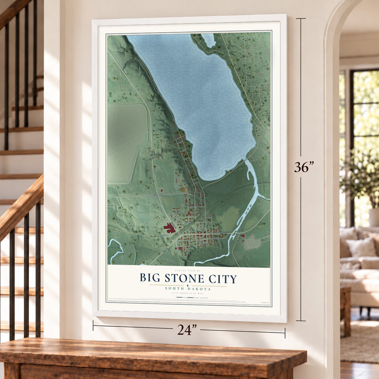 Big Stone City, South Dakota map, 24 x 36 inch print in a white frame by a staircase