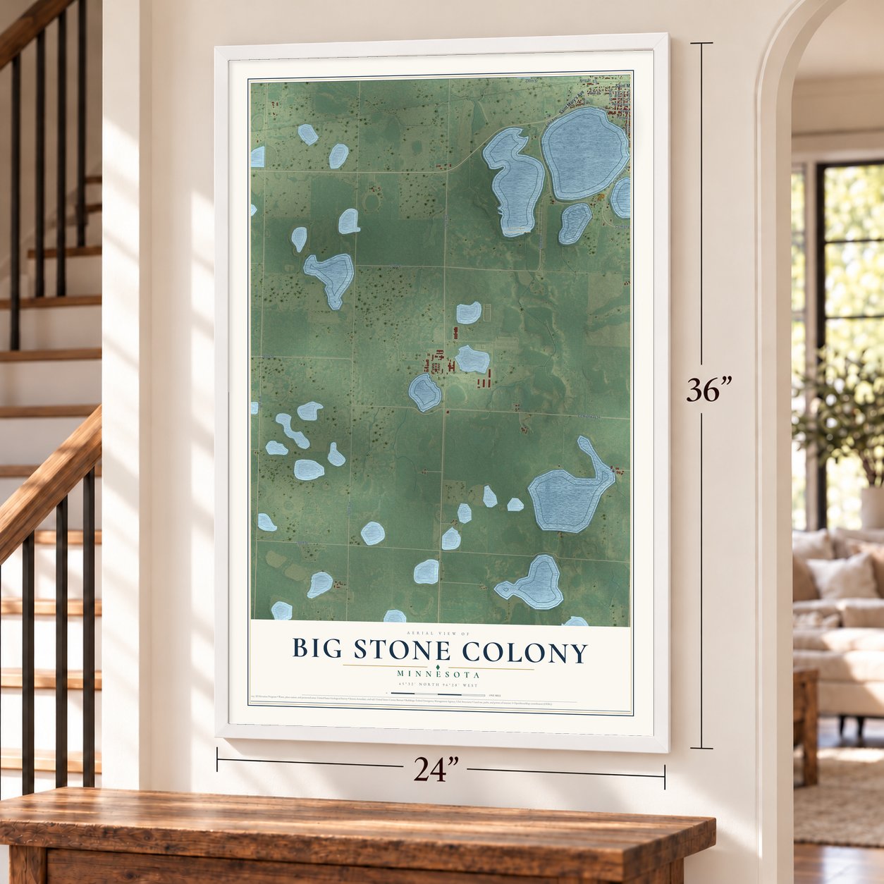 Big Stone Colony, Minnesota map, 24 x 36 inch print in a white frame by a staircase