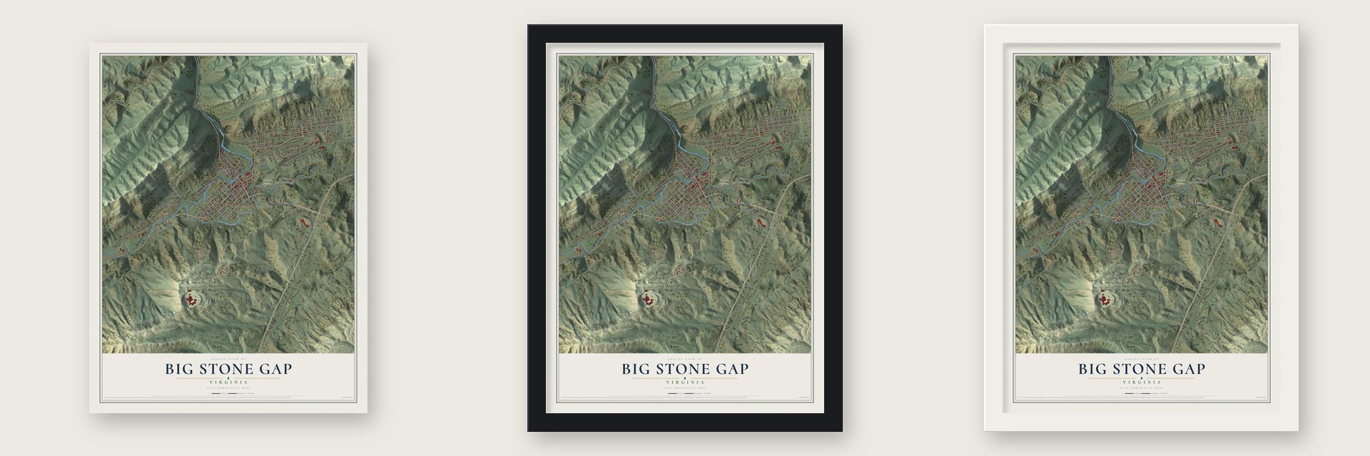 Big Stone Gap, Virginia map unframed, in a black wood frame and in a white wood frame