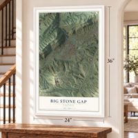 Big Stone Gap, Virginia map, 24 x 36 inch print in a white frame by a staircase