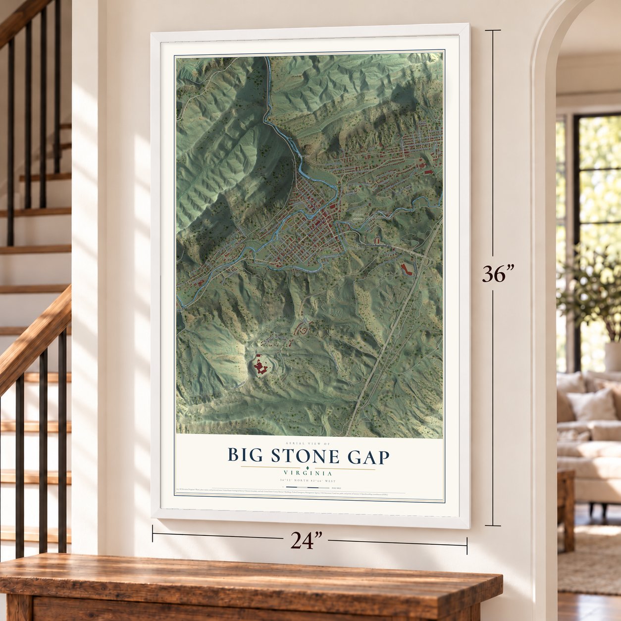 Big Stone Gap, Virginia map, 24 x 36 inch print in a white frame by a staircase