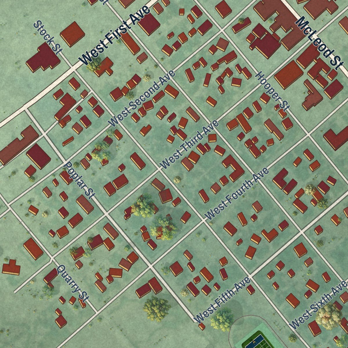 Second close-up of the map of Big Timber, Montana print showing more streets and buildings