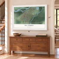 Big Timber, Montana map, 24 x 36 inch print in a white frame above a dresser by a staircase