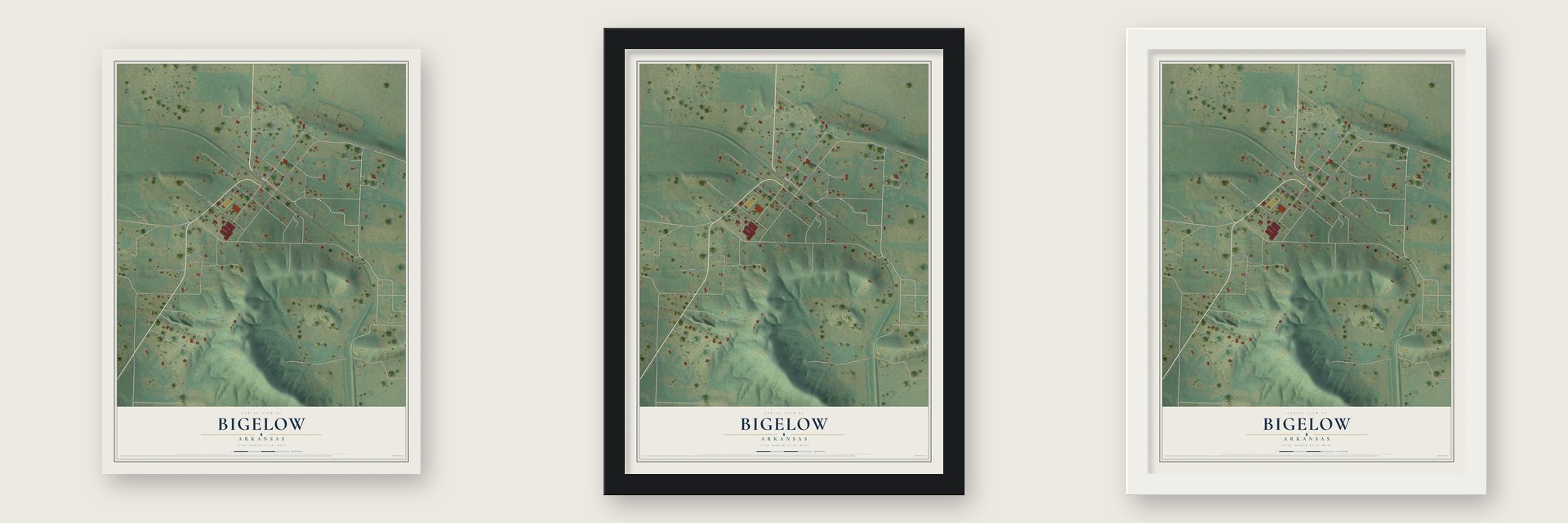 Bigelow, Arkansas map unframed, in a black wood frame and in a white wood frame