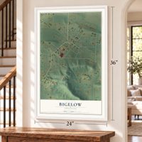 Bigelow, Arkansas map, 24 x 36 inch print in a white frame by a staircase