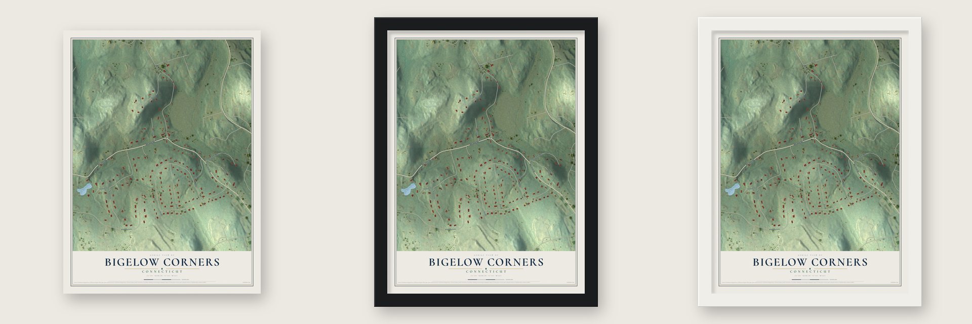 Bigelow Corners, Connecticut map unframed, in a black wood frame and in a white wood frame